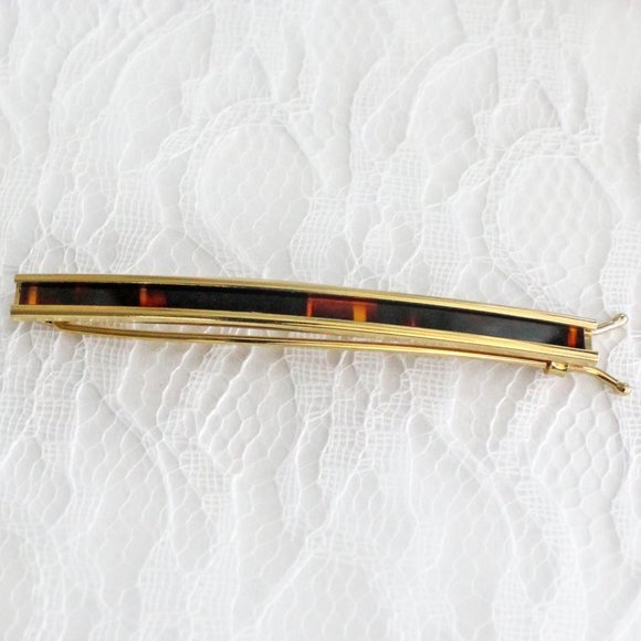 Vintage Hair Barrette Gold Tone Metal Tortoise Inlay Wire Clasp New Old … - Picture 2 of 7